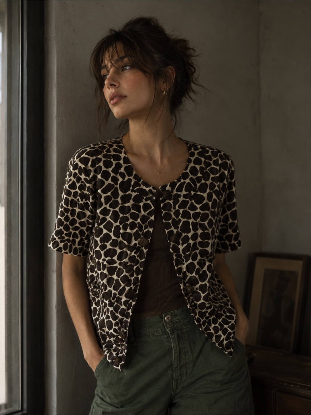 Charter Club Linen Blend Top Giraffe Animal Print Button Down Cardigan Sz XL